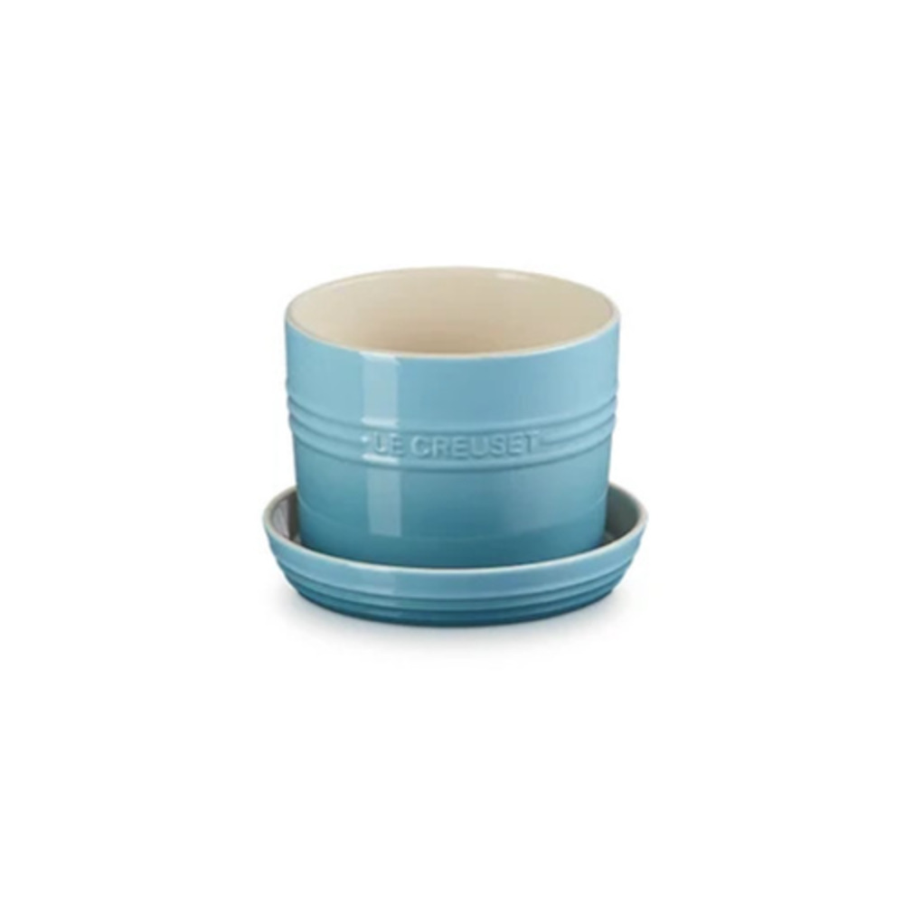 LE CREUSET Caribbean Blue Herb Flower Planter 14 cm w/ Tray Stone NEW